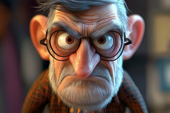 Grumpy Old Man Character with Glasses and Plaid Shirt Close-up