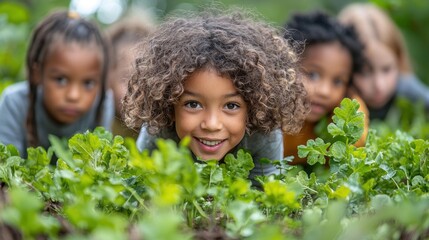 Happy diverse children peeking from green plants.