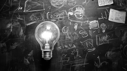 Light Bulb on Chalkboard with Drawings
