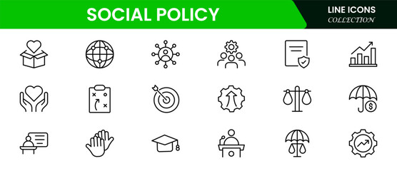 Social Policy line icon set. icons related to education, reform, services, welfare, health care, legislation, society. Social Policy outline icons collection. Vector illustration.