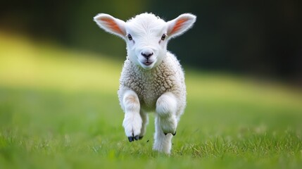 Adorable lamb running in a green field.  Possible use Children's book illustration, animal print