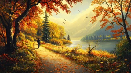Fototapeta premium Autumn Path Lakeside Solitude