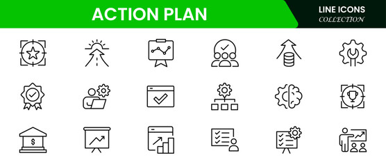 Action plan icon set. Containing planning, schedule, strategy, analysis, tasks, goal, collaboration, and objective icons. Vector illustration collection.