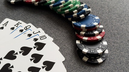 Poker cards with combination. The winning combination in a game in a poker club. The concept of...