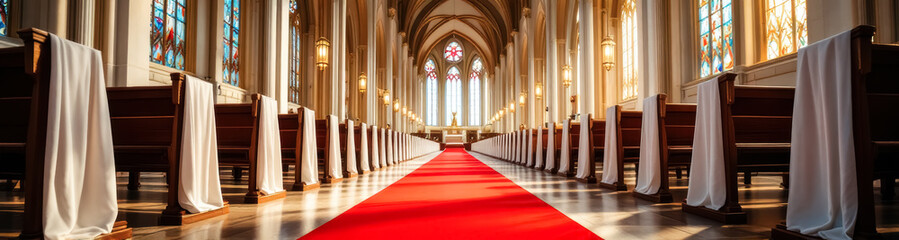 Fototapeta premium church interior with red carpet and white-draped pews