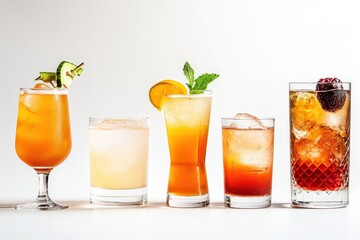 Fototapeta premium Five colourful refreshing cocktails are arranged on a white background