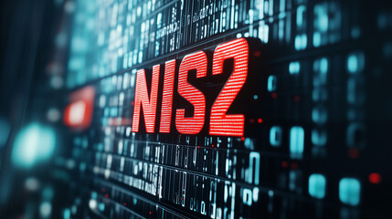 NIS2 EU Cybersecurity Directive Concept, Red NS2 Digital Code on Futuristic Tech Screen Background