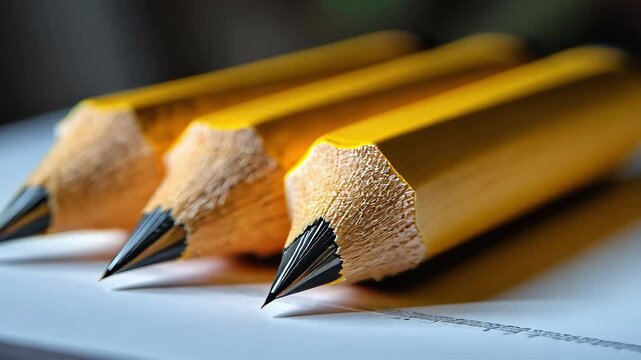 Three sharpened yellow pencils arranged in a row, showcasing their textured wooden ends and pointed graphite tips.