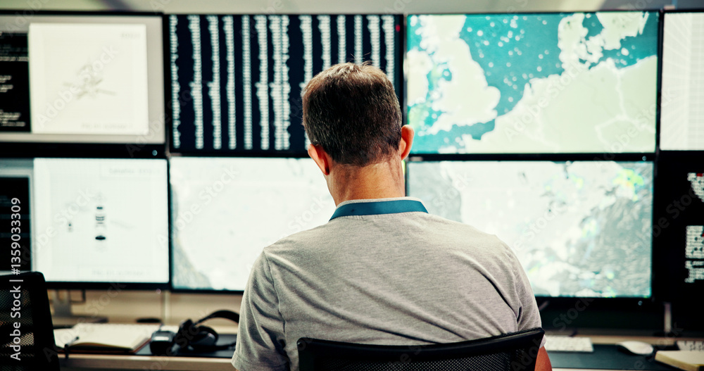 Poster screen, back or man on computer for maps for news, research or ecology in data center. writing, chec