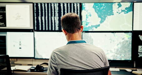 Screen, back or man on computer for maps for news, research or ecology in data center. Writing, check or monitor for tracking technology for meteorology report, storm radar or climate change forecast