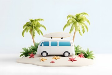 3D van on tropical beach island. Road trip summer concept