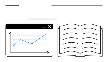 Open book with curved lines beside a graph in a computer window. Ideal for analytics, education, research, study, growth, understanding, learning. Clean flat simple metaphor