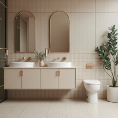 Fototapeta premium elegant double sink bathroom vanity with arched mirrors