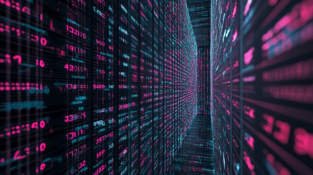 Abstract Digital Data Tunnel. Glowing Neon Pink and Blue Code Matrix in a Futuristic Server Room.  A Visual Representation of Modern Technology and Data Streams.