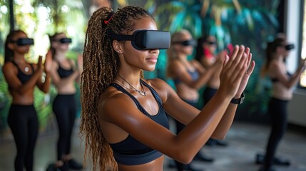 Woman in VR headset leads fitness class.
