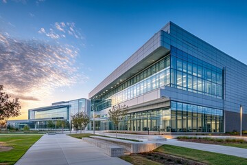 Fototapeta premium Stunning Modern Commercial Building Exterior with Glass Facade and Lush Landscaping