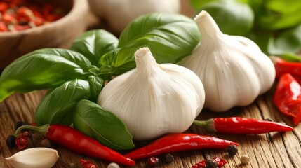 Close-up of fresh garlic bulbs, basil leaves, and red chili peppers on a rustic wooden table, depicting vibrant culinary ingredients.