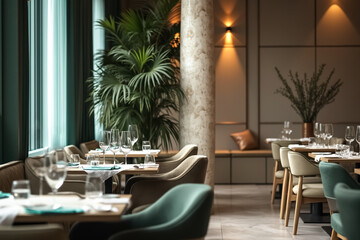 Fototapeta premium elegant restaurant interior with warm lighting and lush greenery