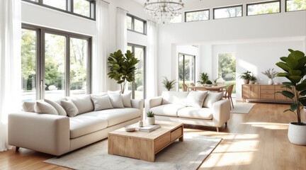 bright living room interior with two beige sofas and large windows