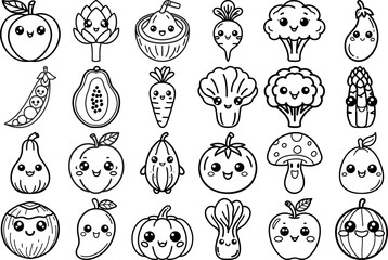 Set of Cute Cartoon Fruits and Vegetables  Element Doodle Line. Freehand drawing fruits and vegetables , icon, sticker, coloring book for kids. Vector illustration