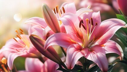 Fototapeta premium lush pink lilies with sensitive petals and pollen information perfect for floral compositions greeting cards and botanical issues with a smooth herbal background past