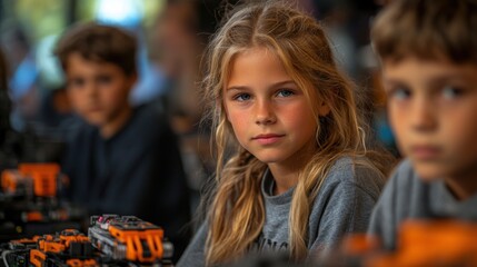 Fototapeta premium Girl with blonde hair looking at camera, with other children in the background.