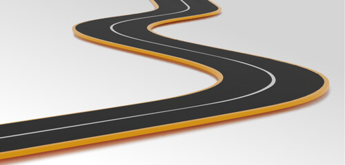3D curved highway path with black asphalt surface, yellow roadside markings and white dividing stripe on light background. Clean minimalist transportation design elements for infographic projects.