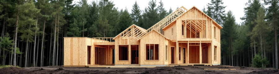 Naklejka premium new wooden house frame under construction in a lush forest setting