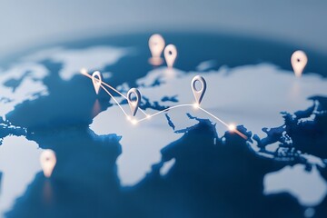 World map with location pins and connection lines symbolizing global logistics and communication