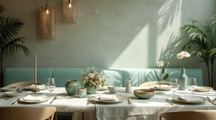 Fototapeta premium elegant pastel green table setting with white flowers