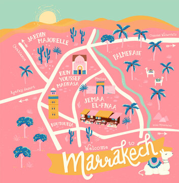 Fun and colorful hand drawn map of Marrakech, sights, palm trees, streets and many details, tourist map - vector design