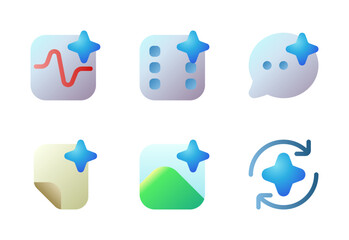 Generative AI icon set, vector, in 3d style, for technology, computer, digital, ai, creative, etc.