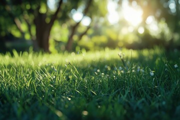 Naklejka premium Green Grass Field with Sunlight and Trees in Background Scenery