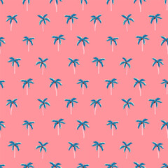Fototapeta premium Hand drawn palm trees seamless pattern with pink background, vibrant summer design, great for textiles, banners, wallpapers, wrapping - vector