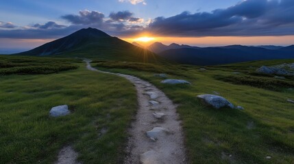 Mountain path at sunset.  A scenic vista of a hiking trail winding through a grassy mountain meadow at the base of a peak, bathed in the golden hues of a breathtaking sunset