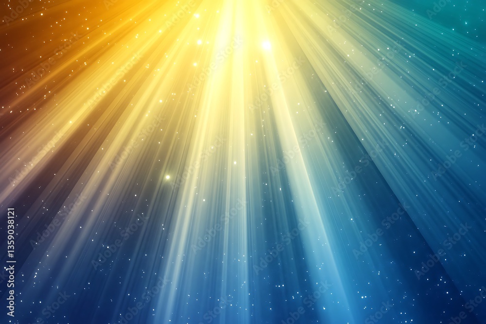 Poster golden and blue light rays burst from above, creating a heavenly, celestial background.