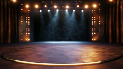 Empty talk show studio space with subtle lighting and a lively audience atmosphere captured