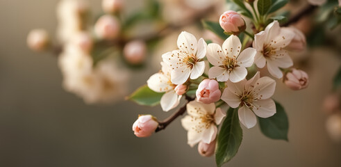 close-up of delicate white and pink blossoms in full bloom on a branch