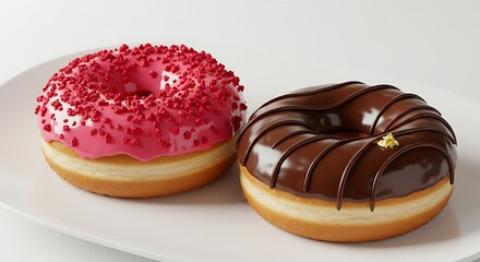 Two Sweet Donuts on White Plate Pink Sprinkles Chocolate Topping