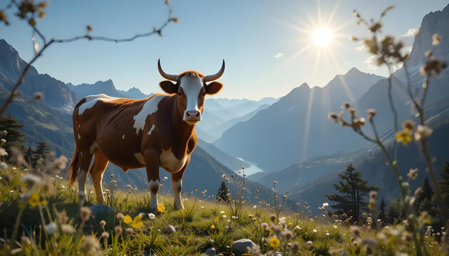 Brown and White Cow in Mountain Meadow Sunset