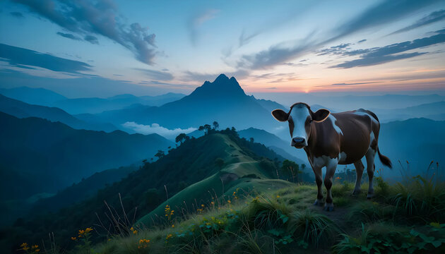 Brown and White Cow on Mountaintop at Sunset