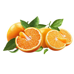 Two oranges with leaves on a white background
