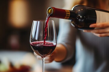Pouring red wine bottle into a glass wine