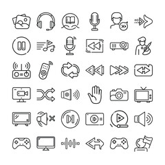Set of doodle icons for web and mobile design including symbols for business, travel, media, and technology
