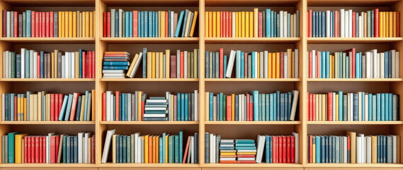 neatly arranged multicolored books on wooden shelves in a library