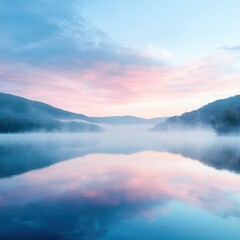 Fototapeta premium Tranquil lake reflecting a pastel sunrise, shrouded in ethereal mist