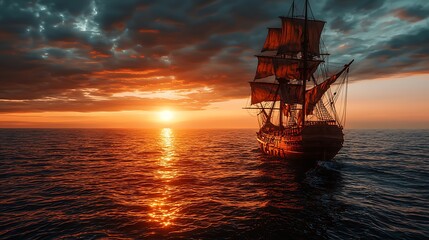 Majestic sailing ship at fiery sunset.  Vast ocean, dramatic clouds
