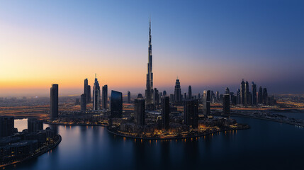 Obraz premium Futuristic cityscape at dusk dubai urban architecture environmental policy technology and climate change impact