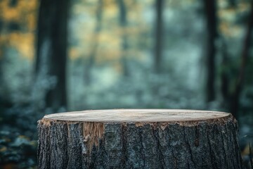 Close Up Tree Stump in Blurred Forest Backdrop for Natural Display