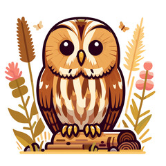 Obraz premium Wise cartoon owl surrounded by autumn foliage. Ideal for educational content, woodland nursery decor, or fall-themed stationery and designs.